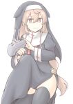  1girl adapted_turret akara_kai alternate_costume black_dress black_thighhighs breasts brown_eyes commentary_request dress highres kantai_collection long_hair murasame_(kancolle) nun nun_headdress pelvic_curtain smile thighhighs white_background 