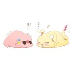  :d blush_stickers bocchi_the_rock! cissia_(zenless_zone_zero) closed_eyes commentary_request cube_hair_ornament gotoh_hitori gotoh_hitori_(tsuchinoko) hair_ornament jitome no_humans open_mouth pom_pom_(clothes) pom_pom_hair_ornament rebecca_(keinelove) simple_background smile trembling white_background zenless_zone_zero 