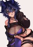  1girl absurdres ahoge animal_ears black_shirt blue_eyes blue_hair bra breasts cropped_shirt highres horns indie_virtual_youtuber large_breasts long_sleeves purple_bra purple_thighhighs raccoon_ears raccoon_girl see-through_cleavage see-through_clothes shirt short_hair shorts sitting snuffy_(smilfy_2.0)_(vtuber) snuffy_(vtuber) suliavtuber thighhighs thighs torn_clothes torn_shirt underwear virtual_youtuber white_background 