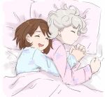 1boy 1girl banana_jirou bangs bede_(pokemon) blonde_hair blue_shirt bob_cut brown_hair character_print closed_eyes closed_mouth curly_hair fingernails gen_8_pokemon gloria_(pokemon) hatenna head_on_pillow holding_hands long_sleeves lying mouth_drool on_side open_mouth pajamas pillow pink_shirt pokemon pokemon_(game) pokemon_swsh shirt short_hair sleeping symbol-only_commentary under_covers upper_body 