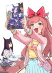  2girls :3 agnes_digital_(casual)_(umamusume) agnes_digital_(umamusume) animal_ears bag blue_eyes blue_skirt blush book bow cesario_(umamusume) clothing_cutout commentary_request drooling hair_bow harukazetabiji himejoshi holding holding_book horse_ears horse_girl horse_tail jacket long_hair long_sleeves manga_(object) mejiro_dober_(casual)_(umamusume) mejiro_dober_(umamusume) multiple_girls open_mouth pink_bag pink_hair pink_jacket red_bow school_uniform shirt skirt standing symboli_kris_s_(umamusume) tail tracen_school_uniform two_side_up umamusume upper_body winter_uniform yellow_shirt yuri_(object) 