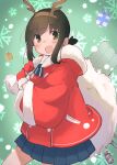  1girl absurdres black_hair blush box christmas commentary commentary_request fubuki_(kancolle) gift gift_box gloves green_background green_eyes hat highres kantai_collection low_ponytail ma_rukan merry_christmas open_mouth pleated_skirt ponytail red_gloves sack santa_costume santa_hat short_hair short_ponytail skirt smile snowflake_background snowflakes solo star_(symbol) torpedo torpedo_launcher torpedo_tubes untranslatable_commentary 