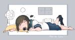  1girl black_hair black_socks blue_skirt blush closed_eyes commentary_request electric_fan food fubuki_(kancolle) green_sailor_collar highres kantai_collection ma_rukan mouth_hold ponytail sailor_collar school_uniform serafuku short_hair short_ponytail short_sleeves signature skirt socks solo wagashi 
