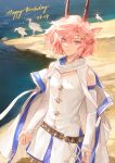  1girl animal_ears arknights bare_shoulders belt bird blue_eyes chinese_commentary cleavage_cutout clothing_cutout commentary_request cowboy_shot desert detached_sleeves earthspirit_(arknights) from_above goat_ears goat_horns happy_birthday highres horns hug_(yourhug) jacket jacket_partially_removed lake looking_at_viewer official_artist_extra open_clothes open_jacket outdoors pink_hair shirt short_hair smile solo white_shirt 