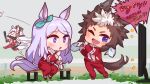  3girls animal_ears aqua_bow ball baseball baseball_(object) baseball_bat blunt_bangs blush bow brown_hair brown_hat chibi commentary_request ear_bow ear_ribbon gennai15079022 gold_ship_(umamusume) grey_hair hat highres holding holding_baseball_bat horse_ears horse_girl horse_tail jacket long_hair mejiro_mcqueen_(umamusume) mejiro_ryan_(umamusume) mouth_hold multicolored_hair multiple_girls one_eye_closed open_mouth pants pillbox_hat purple_eyes purple_hair red_jacket red_pants red_track_suit short_hair sitting smile sweatdrop tail television towel tracen_training_uniform track_jacket track_pants track_suit two-tone_hair umamusume watching_television white_hair 