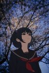  1girl amemori_sayo arms_at_sides beads black_eyes black_hair black_sailor_collar black_shirt blue_sky choppy_bangs closed_mouth commentary day floating_neckwear from_below hair_beads hair_ornament highres long_sleeves looking_up neckerchief nijisanji nkymyura one_side_up outdoors photo_background red_neckerchief sailor_collar school_uniform shirt short_hair sky smile solo virtual_youtuber wind 