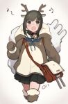  1girl absurdres animal_costume antlers black_choker black_hair black_skirt blush boots brown_boots brown_mittens choker commentary commentary_request cropped_legs feet_out_of_frame fubuki_(kancolle) fubuki_kai_ni_(kancolle) fur-trimmed_boots fur_trim green_eyes highres horns kantai_collection long_sleeves looking_at_viewer ma_rukan mittens open_mouth pleated_skirt reindeer_antlers reindeer_costume short_hair signature simple_background skirt smile solo thigh_boots untranslatable_commentary white_background 