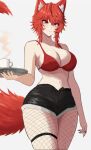  1girl animal_ear_fluff animal_ears bikini bikini_top_only black_nails black_shorts breasts cleavage closed_mouth fishnet_pantyhose fishnets highres holding holding_tray indie_virtual_youtuber large_breasts looking_at_viewer meibin nail_polish pantyhose red_bikini red_hair shorts simple_background smile solo swimsuit tail thigh_strap tray virtual_youtuber white_background wolf_ears wolf_tail yellow_eyes zentreya 