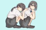  2girls ;) absurdres aqua_background betock commentary hand_on_another&#039;s_back highres multiple_girls one_eye_closed original school_uniform short_hair smile squatting twintails yuri 