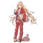  1girl alternate_costume barefoot blonde_hair blue_eyes bow cup dress flower granblue_fantasy hair_flower hair_ornament hair_ribbon hairband jacket jeanne_d&#039;arc_(granblue_fantasy) long_hair looking_at_viewer mole_(animal) nightgown official_art pants pillow pink_bow ribbon smile solo track_jacket track_pants track_suit transparent_background very_long_hair 