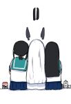  3girls absurdres black_hair blouse blue_skirt commentary cookie cup drink_carton drinking_glass facing_away food from_behind fubuki_(kancolle) girl_sandwich hatsuyuki_(kancolle) headgear highres kantai_collection long_hair low_ponytail ma_rukan milk milk_carton multiple_girls murakumo_(kancolle) oreo pleated_skirt ponytail sailor_collar sandwich_cookie sandwiched school_uniform serafuku shirt short_ponytail short_sleeves sitting skirt white_hair 