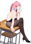  1girl black_bow black_bowtie black_leotard blue_streaks bow bowtie breasts chair crossed_legs desk detached_collar high_heels highres kanan-sama_wa_akumade_choroi kanan_(kanan-sama) large_breasts leotard luxu medium_hair multicolored_hair on_desk pantyhose pink_eyes pink_hair playboy_bunny puckered_lips rabbit_tail ribbon school_chair school_desk simple_background slit_pupils streaked_hair striped_ribbon tail twintails v white_background wrist_cuffs 
