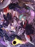  2girls absurdres aqua_hair black_dress black_skirt bone boots bungo_yayoi bungo_yayoi_(march_demon_army_snip!) capelet closed_eyes closed_mouth commentary_request cross demon_girl demon_horns dress eyepatch feet_out_of_frame from_above frown full_body garter_straps heaven_burns_red highres holding_hands holmes_hvbn horn_with_braided_base horns long_hair long_sleeves lying monocle multiple_girls necktie official_alternate_costume official_alternate_hairstyle on_back on_side one_eye_covered parted_lips pencil_skirt red_eyes red_thighhighs rotational_symmetry shirt short_hair skeletal_wings skeleton skirt skull sleeping smile spine tail thighhighs white_hair wings yamawaki_bon_ivar yamawaki_bon_ivar_(proud_demon_king's_triumphant_return) zettai_ryouiki 