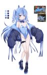  1girl absurdres animal_ears black_shoes blue_bow blue_bowtie blue_eyes blue_hair blue_leotard blue_ribbon blue_socks blush bow bowtie closed_mouth collar color_guide commentary dessin56902 detached_collar english_commentary full_body grey_jacket hair_ornament hair_ribbon highres humanization jacket jacket_partially_removed leotard long_hair looking_at_viewer multicolored_hair one_side_up original parted_bangs photo_inset reference_inset ribbon shoes sleeves_past_fingers sleeves_past_wrists sneakers socks solo standing strapless strapless_leotard streaked_hair thigh_strap white_collar wing_collar 