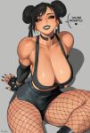  1girl absurdres alternate_costume artist_name bare_shoulders biceps black_choker black_eyeliner black_eyeshadow black_gloves black_hair black_lips black_nails black_ribbon black_shoes black_shorts black_sleeves black_tank_top bracelet breasts bright_pupils broad_shoulders brown_eyes choker chun-li cleavage collarbone commentary crop_top curvy dark-skinned_female dark_skin detached_sleeves dirty_talk double_bun earrings english_commentary english_text eyeliner eyeshadow fingerless_gloves fishnet_pantyhose fishnets gloves goth_fashion hair_bun hair_ribbon heart highres jewelry kalennoir large_breasts lipstick looking_at_viewer makeup nail_polish o-ring o-ring_choker pantyhose ribbon shiny_skin shoes short_shorts shorts sitting smile solo spiked_bracelet spikes spoken_heart street_fighter swept_bangs tank_top thick_thighs thighs toned toned_female white_pupils 