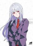  1girl 908paso buttons collared_shirt commentary_request fate/strange_fake fate_(series) fillia_(fate) highres jacket long_hair long_sleeves looking_at_viewer necktie purple_jacket red_eyes red_necktie school_uniform shirt simple_background smile solo white_background white_hair 