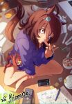  1girl absurdres agnes_tachyon_(umamusume) ahoge animal_ears artist_name bare_legs barefoot birthday brown_hair calculator can cellphone character_doll coat commentary computer daiwa_scarlet_(umamusume) doll drinking earrings english_commentary flask hair_between_eyes highres holding holding_vial horse_ears horse_girl horse_tail indian_style jewelry kiora06 lab_coat laptop looking_at_viewer medium_hair on_ground paper pen phone purple_shirt red_eyes shirt sitting solo syringe tail umamusume unworn_coat vial wide-eyed 