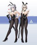  2girls absurdres ak-12 ak-12_(girls'_frontline) alter_kamerade alternate_breast_size_(larger) alternate_costume an-94 an-94_(girls'_frontline) animal_ears aqua_eyes arm_behind_back artificial_eye artist_name assault_rifle bare_shoulders black_bow black_bowtie black_hairband black_leotard black_nails black_pantyhose black_ribbon black_shoes blonde_hair blush bow bowtie braid breasts cleavage closed_mouth collarbone commentary covered_navel dated defy_(girls'_frontline) detached_collar fake_animal_ears full_body girls'_frontline grey_hair gun hair_ribbon hairband hand_on_own_hip hand_up heart high_heels highres holding holding_gun holding_weapon kalashnikov_rifle legs leotard long_hair looking_at_viewer mechanical_eyes medium_breasts multiple_girls nail_polish one_eye_closed open_mouth pantyhose parted_lips playboy_bunny ponytail purple_eyes rabbit_ears ribbon rifle shoes side_braid sidelocks simple_background single_mechanical_eye smile standing thigh_strap thighs v weapon white_wrist_cuffs wrist_cuffs 