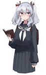  1girl absurdres alternate_costume artist_logo backpack bag bespectacled black_sailor_collar black_serafuku black_shirt black_skirt blue_eyes book commentary_request cowboy_shot cropped_legs glasses grey_hair highres kantai_collection kashima_(kancolle) logo ma_rukan name_tag neckerchief pleated_skirt sailor_collar school_uniform serafuku shirt sidelocks simple_background skirt solo twintails wavy_hair white_background white_neckerchief 