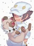  1boy aether_foundation_employee brown_hair gen_7_pokemon gloves grey_eyes hat holding holding_pokemon jumpsuit komurapk male_focus npc_trainer one_eye_closed open_mouth pokemon pokemon_(creature) pokemon_(game) pokemon_sm rockruff short_hair short_sleeves smile tongue white_gloves white_headwear white_jumpsuit 