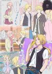  2boys 3girls animal_hat aqua_eyes belt black_coat black_necktie black_vest blonde_hair blue_coat blue_eyes blue_pants bow breasts brown_belt brown_eyes cardigan cat_hat cellphone chain chain_necklace closed_eyes cloud_strife cloud_strife_(urban_wolf) coat commentary cowboy_shot cropped_sweater crossed_arms cup disposable_cup dissidia_duellum_final_fantasy dissidia_final_fantasy dress final_fantasy final_fantasy_ix final_fantasy_v final_fantasy_vi final_fantasy_vii final_fantasy_xiii fur-trimmed_coat fur_trim grey_thighhighs hair_bow hat highres holding holding_cup holding_phone jewelry krile_mayer_baldesion_(ff5) krile_mayer_baldesion_(out_and_about)_(ff5) lightning_farron lightning_farron_(modern_jacket) long_hair medium_breasts multiple_boys multiple_girls multiple_views necklace necktie official_alternate_costume pants parted_bangs parted_lips phone pink_bow pink_cardigan pink_dress pink_hair pink_sweater ponytail quichi_91 red_shorts ribbed_thighhighs school_uniform sharp_teeth shirt short_hair shorts smartphone smile spiked_hair sweater teeth terra_branford terra_branford_(school_cardigan) thighhighs twintails vest waving white_shirt zidane_tribal zidane_tribal_(vacationing_thief) 
