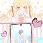  1boy 1girl black_hair blonde_hair blue_eyes blue_sky bow brown_bow carrot cellphone closed_mouth collarbone collared_shirt commentary cup day eyelashes fingernails floral_background floral_print flower hair_bow hair_flower hair_ornament happy heart highres holding holding_cup holding_phone implied_hetero jacket light_blush long_hair miqing open_clothes open_jacket original phone photo_(object) pink_eyes pink_shirt pointy_nose print_bow print_shirt shirt short_hair sky smartphone smile striped_background striped_clothes striped_jacket tareme tree twintails upper_body vertical-striped_background vertical-striped_clothes vertical-striped_jacket very_long_hair wavy_hair white_background white_flower white_jacket white_shirt 