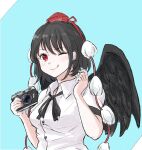  1girl :p bird_wings black_hair black_ribbon black_wings blue_background blush buttons camera feathered_wings hat holding holding_camera kashiwada_kiiho neck_ribbon one_eye_closed pom_pom_(clothes) red_eyes red_hat ribbon shameimaru_aya shirt short_hair short_sleeves solo tokin_hat tongue tongue_out touhou white_shirt wings 