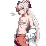  1girl bilingual_commentary bow breasts chest_sarashi cigarette cleavage commentary ehehe52921343 fujiwara_no_mokou hair_bow hands_in_pockets highres korean_commentary long_hair looking_at_viewer mixed-language_commentary mouth_hold navel ofuda ofuda_on_clothes open_clothes open_shirt pants ponytail red_eyes red_pants sarashi shirt small_breasts smoking solo stomach touhou very_long_hair white_bow white_shirt 