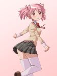  1girl absurdres ass blush bow commentary_request hair_ribbon highres kaname_madoka long_sleeves looking_at_viewer looking_back mahou_shoujo_madoka_magica mahou_shoujo_madoka_magica_(anime) mitakihara_school_uniform pink_background pink_eyes pink_hair plaid_clothes plaid_skirt pleated_skirt poloneshi ribbon school_uniform shoes short_twintails skirt solo thighhighs twintails white_thighhighs zettai_ryouiki 
