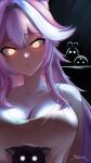  1girl absurdres animal_ears bare_shoulders black_cat blush breasts camisole cat chattino_(raora_panthera) cleavage closed_mouth collarbone commentary dreamoon-q fang glowing glowing_eyes hair_intakes highres hololive hololive_english large_breasts long_hair looking_at_viewer multicolored_hair panther_ears panther_girl pebble_(koseki_bijou) pink_hair pink_lips raora_panthera skin_fang smile streaked_hair two-tone_hair untranslatable_commentary virtual_youtuber white_camisole white_hair yellow_eyes 