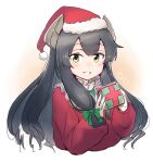  1girl absurdres alternate_costume black_hair box christmas commentary_request gift gift_box gloves gradient_background green_eyes hair_ribbon hat headgear highres holding holding_gift i-47_(kancolle) kantai_collection long_hair long_sleeves ma_rukan ribbon santa_costume santa_hat sidelocks simple_background solo tress_ribbon two-tone_background upper_body white_gloves 
