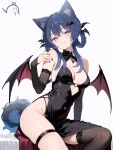  1girl absurdres animal_ear_fluff animal_ears artist_logo bare_shoulders bed bed_sheet black_dress black_nails black_thighhighs black_wings blue_gem blue_hair braid braided_hair_rings breasts breasts_apart collarbone commentary_request commission covered_navel demon_girl demon_wings detached_sleeves dress feathered_wings gem hair_intakes hair_ornament hair_rings hand_up head_tilt highres iriam lace-trimmed_collar lace-trimmed_thighhighs lace_trim logo long_hair long_sleeves looking_at_viewer medium_breasts nail_polish on_bed parted_lips pelvic_curtain purple_eyes side_slit sideboob sidelocks simple_background single_thighhigh sitting skeb_commission smile snow-yuuki solo tail thigh_strap thighhighs thighs two-sided_dress two-sided_fabric virtual_youtuber white_background wing_hair_ornament wings 