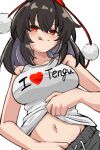  1girl :q absurdres alternate_costume blush breasts brown_hair closed_mouth clothes_lift clothes_pull clothes_writing commentary_request contemporary grey_pants hat heart highres large_breasts looking_at_viewer medium_hair midriff_peek navel pants pants_pull pom_pom_(clothes) red_eyes red_hat shameimaru_aya shirt skirt skirt_lift sleeveless sleeveless_shirt smile solo tokin_hat tongue tongue_out touhou white_shirt yuuka_(a0240765) 