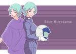  2girls aqua_hair character_name dual_persona empty_eyes four_murasame gloves gundam helmet highres holding holding_helmet miki_(miki125dragon) multiple_girls open_mouth outline parted_lips purple_eyes purple_lips robe short_hair smile white_gloves zeta_gundam 