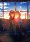  2girls absurdres alternate_costume animal_ears animal_hood animal_on_head asakura_karen_(heaven_burns_red) backlighting bag bell-bottoms between_legs black_hair black_pants blonde_hair boots bow bowtie braid casual cat cat_ears cat_hood cat_on_head closed_mouth commentary_request fake_animal_ears feet_out_of_frame film_grain gradient_sky hair_ribbon half_up_braid hand_between_legs hand_grip head_tilt heaven_burns_red highres hood hood_up hooded_jacket hydroxy_122 jacket leaning_on_person long_hair long_sleeves looking_at_viewer multiple_girls on_head open_clothes open_jacket orange_jacket pants red_bow red_bowtie ribbon scenery school_bag side-by-side sitting skirt sky sleeping smile sun sunlight sunset toujou_tsukasa train_interior v_arms white_ribbon yellow_eyes yuri 