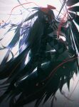  1girl akemi_homura akuma_homura argyle_clothes argyle_footwear argyle_thighhighs arm_strap bare_shoulders black_dress black_feathers black_gloves black_hair black_wings bow bowtie chromatic_aberration commentary_request dress elbow_gloves falling_feathers feathered_wings feathers film_grain floating_hair flying from_side full_body gloves hair_ornament high-low_dress highres long_hair looking_at_viewer mahou_shoujo_madoka_magica mahou_shoujo_madoka_magica:_hangyaku_no_monogatari night o0oherb plunging_neckline purple_eyes solo strapless strapless_dress thighhighs wings 
