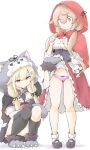  2girls akara_kai animal_hands apron black_ribbon black_serafuku black_shirt black_shoes black_skirt bow bow_panties brown_eyes brown_hair capelet clothes_lift commentary_request cosplay female_pervert frilled_apron frilled_skirt frills full_body gloves hair_flaps halloween_costume heterochromia highres kantai_collection little_red_riding_hood_(fairy_tale) little_red_riding_hood_(fairy_tale_character) little_red_riding_hood_(fairy_tale_character)_(cosplay) low_twintails mary_janes multiple_girls murasame_(halloween)_(kancolle) murasame_(kancolle) murasame_kai_ni_(kancolle) neckerchief panties paw_gloves paw_shoes pervert pink_panties pleated_skirt red_capelet red_hood red_neckerchief red_skirt ribbon sailor_collar sailor_shirt school_uniform serafuku shirt shoes siblings simple_background sisters skirt skirt_lift socks standing twintails underwear white_apron white_background white_sailor_collar white_shirt white_socks wolf_hood wolf_paws yuudachi_(halloween)_(kancolle) yuudachi_(kancolle) yuudachi_kai_ni_(kancolle) 