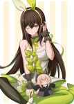  1girl absurdres animal_ears asymmetrical_legwear black_pantyhose bow bowtie breasts brown_eyes brown_hair chestnut95 dress fake_animal_ears feet_out_of_frame frilled_wrist_cuffs frills girls'_frontline green_bow green_hair green_pantyhose green_ribbon highres indian_style long_hair looking_at_viewer m4_sopmod_ii_jr m4a1_(a_girl's_hot_air_balloon_adventure)_(girls'_frontline) m4a1_(girls'_frontline) medium_breasts mismatched_legwear multicolored_hair official_alternate_costume one_eye_closed pantyhose rabbit_ears ribbon sitting sleeveless sleeveless_dress smile solo streaked_hair striped_background striped_clothes striped_pantyhose vertical-striped_clothes vertical-striped_pantyhose white_dress wrist_cuffs 