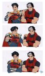  2boys batman_(series) batman_symbol black_gloves black_hair blue_eyes bodysuit completely_unamused dc_comics gloves hand_on_another's_shoulder highres jason_todd laughing male_focus meme multicolored_bodysuit multiple_boys muscular muscular_male open_clothes red_hood_(dc) red_hood_and_the_outlaws romy_jones_(romyjonesdraws) serious short_hair superboy-prime superhero_costume superman_(series) taut_bodysuit two-tone_bodysuit unamused unamused_friend_comic_(meme) western_comics_(style) 