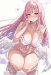  1girl absurdres bikini blue_archive blush breasts cleavage commentary_request feathered_wings frilled_bikini frills halo heart highres kaniitama long_hair looking_at_viewer low_wings mika_(blue_archive) mika_(swimsuit)_(blue_archive) official_alternate_costume official_alternate_hairstyle open_mouth pink_hair purple_halo sandals solo spoken_heart squatting swimsuit wet white_bikini white_sandals white_wings wings yellow_eyes 