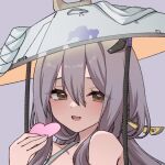  1girl :d bare_shoulders blush brown_eyes chiji_komari collarbone commentary_request goddess_of_victory:_nikke grey_background grey_hair grey_helmet hair_between_eyes hand_up heart helmet holding long_hair scarlet_(nikke) simple_background smile solo teeth upper_body upper_teeth_only 