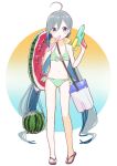  1girl ahoge bare_arms bare_legs bare_shoulders barefoot bikini blue_hair blush_stickers food fruit full_body green_bikini grey_eyes grey_hair holding holding_water_gun innertube kantai_collection kiyoshimo_(kancolle) long_hair low_twintails multicolored_hair sandals solo swimsuit twintails very_long_hair water_gun watermelon yamashichi_(mtseven) 