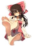  1girl absurdres ascot barefoot bloomers blush bow breasts brown_eyes brown_hair commentary_request detached_sleeves feet foot_focus frilled_bow frilled_hair_tubes frills hair_bow hair_tubes hakurei_reimu highres large_breasts long_hair looking_at_viewer red_bow red_skirt ribbon-trimmed_sleeves ribbon_trim seika_okawari sitting skirt skirt_set soles sweat toes touhou white_bloomers yellow_ascot 