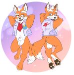 4_toes animal_genitalia anthro anus balls barefoot black_pawpads bottomless bottomless_male butt canid canine clothed clothing countershade_feet countershading feet fox fox_mccloud fully_sheathed fur genitals hi_res kerchief male mammal neckerchief neckwear nintendo orange_body orange_fur pawpads paws sheath smug soles solo star_fox tbid toes topwear vest