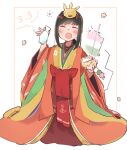  1girl :d ^_^ absurdres alternate_costume anchor_print blush brown_hair closed_eyes commentary_request dango dated drink facing_viewer flower_symbol food fubuki_(kancolle) full_body highres hina_arare hinamatsuri hirabitai hishimochi holding holding_drink holding_food japanese_clothes kantai_collection karaginu_mo kimono layered_kimono low_ponytail ma_rukan medium_hair obi open_mouth orange_kimono ponytail rigging sanshoku_dango sash sidelocks simple_background smile smokestack solo squeans tokkuri wagashi white_background wide_sleeves 