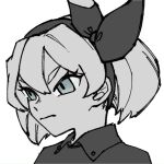  1girl bangs bea_(pokemon) biifu bow_hairband buttons closed_mouth collared_shirt commentary_request eyelashes frown greyscale gym_leader hair_between_eyes hairband monochrome pokemon pokemon_(game) pokemon_swsh shirt short_hair simple_background sketch solo upper_body white_background 