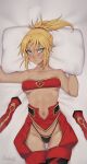  1girl artist_name bandeau bare_shoulders bed_sheet black_panties blonde_hair blush braid breasts clothing_cutout commentary cowboy_shot crotch_cutout dakimakura_(medium) darahan detached_sleeves facing_viewer fate_(series) green_eyes hair_ornament hair_scrunchie half_up_braid looking_at_viewer lying mordred_(fate) navel navel_cutout on_back on_bed panties partially_undressed pillow ponytail puffy_shorts red_scrunchie red_sleeves scrunchie shorts small_breasts solo tumblr_username twitter_username underboob underwear unworn_clothes unworn_sleeves 