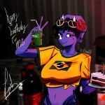absurd_res accessory alcohol alternate_costume anfitrionaaa anthro beverage big_breasts birthday_cake bottomwear brazilian_flag breasts cake candle ceratopsian ceratopsid chasmosaurine clothed clothed_anthro clothed_female clothing coca-cola cosplay curly_hair dessert detailed_background dinosaur drinking_straw english_text eyewear eyewear_on_head facial_horn female fingers fire flower flower_in_hair food frill_(anatomy) front_view gesture goodbye_volcano_high grey_bottomwear grey_clothing grey_pants hair hair_accessory half-length_portrait hand_gesture happy hatsune_miku hi_res horn humanoid_hands inside jewelry ko_op_(game_developer) looking_at_viewer marginocephalian markings midriff mixed_media navel necklace non-mammal_breasts non-mammal_navel ornithischian pants photo_background photography_(artwork) plant portrait prehistoric_species purple_body purple_eyes purple_hair reptile scalie shirt short_hair signature smile smirnoff solo spots spotted_markings sunglasses sunglasses_on_head text topwear triceratops trish_(gvh) v_sign vocaloid vodka wearing_sunglasses yellow_clothing yellow_shirt yellow_topwear