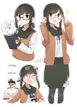  1boy 1girl absurdres admiral_(kancolle) afterimage anchor_symbol bespectacled black_hair black_pantyhose black_sailor_collar black_skirt blue-framed_eyewear brown_cardigan buttons cardigan closed_eyes commentary commentary_request cowboy_shot cropped_legs cropped_torso fubuki_(kancolle) fubuki_kai_ni_(kancolle) glasses gloves green_eyes hair_between_eyes hat highres holding holding_pen kantai_collection long_sleeves ma_rukan military military_uniform multiple_views naval_uniform open_cardigan open_clothes open_mouth pantyhose peaked_cap pen ponytail red-framed_eyewear sailor_collar school_uniform serafuku short_hair short_ponytail signature simple_background skirt smile untranslatable_commentary upper_body white_background white_gloves white_hat 