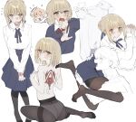 1boy 1girl artoria_pendragon_(fate) back_tattoo black_pantyhose blonde_hair blue_eyes blue_ribbon blue_sweater blush braid braided_bun braided_ponytail breasts carrying carrying_over_shoulder carrying_person collared_shirt command_spell cosplay embarrassed fate/strange_fake fate_(series) flying_sweatdrops glasses hair_bun highres holding holding_unworn_clothes medium_breasts medium_hair multicolored_hair panties pantyhose planbi red_streaks ribbon richard_i_(fate) saber_(fate) saber_(fate)_(cosplay) sajou_ayaka_(fate/strange_fake) shirt side_braid simple_background single_braid spoken_character streaked_hair sweat sweater tattoo underwear undressing white_background white_panties 